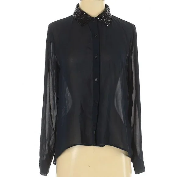 Forever 21 Dark Navy Sheer Sequin-Collar Button-Up Blouse | Size Small - Picture 3 of 11